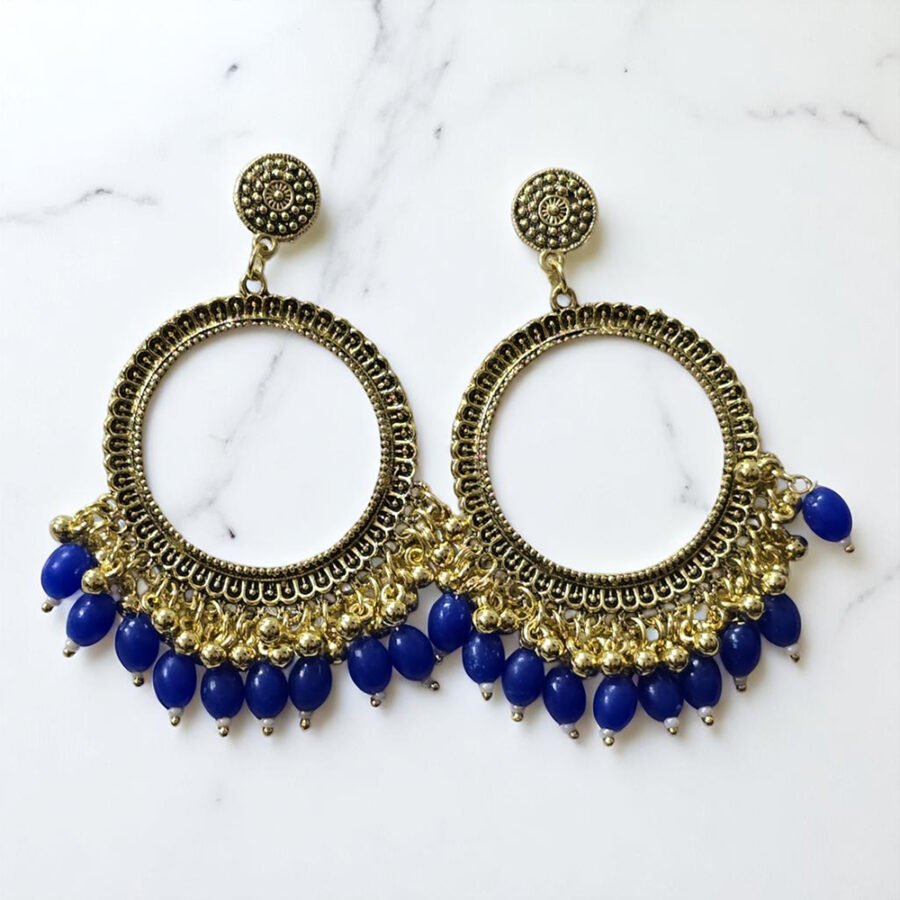 Round Jhumka Earring Bezels Golden - Blue Moti For Resin Art (TR255)