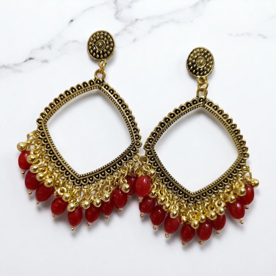 Rhombus Jhumka Earring Bezels Golden - Red Moti For Resin Art (TR272)