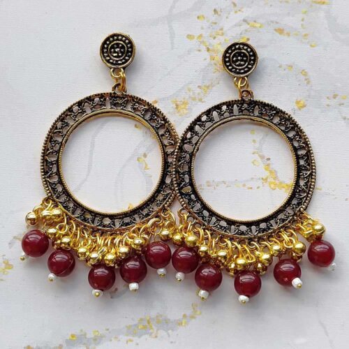 Round Jhumka Earring Bezels Golden - Maroon Moti For Resin Art (TR289)