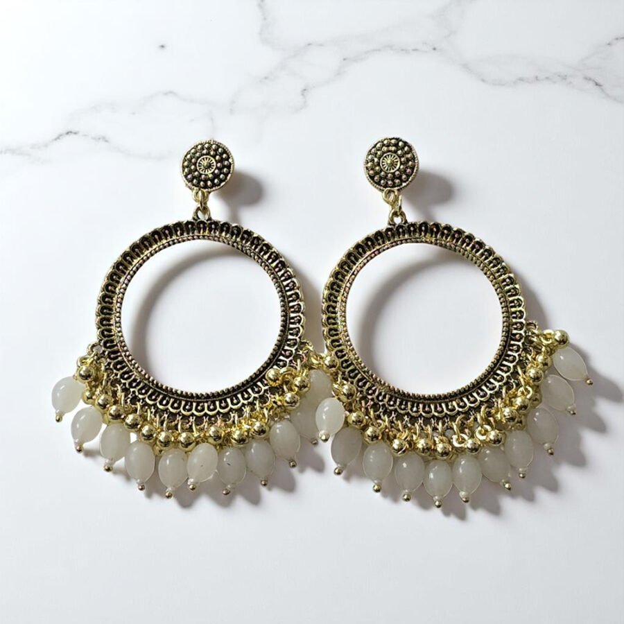 Round Jhumka Earring Bezels Golden – White Moti For Resin Art (TR566)
